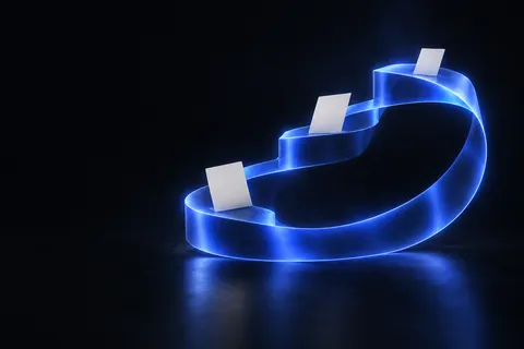 A ribbon of cobalt light climbing upward in steps, carrying blank cards